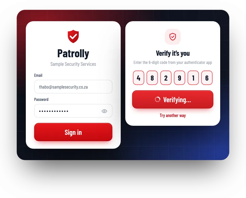 Patrolly sign-in screen and the six-digit phone code screen