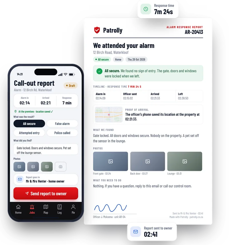 Patrolly alarm call-out report: the officer’s phone form on the left and the report the owner receives on the right, with times, result, photos and signature