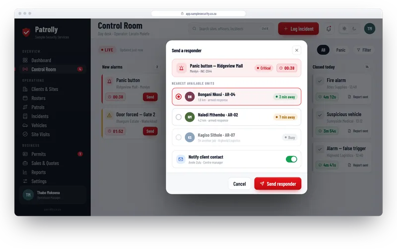 Patrolly control room board with a Send a responder pop-up showing the nearest available units