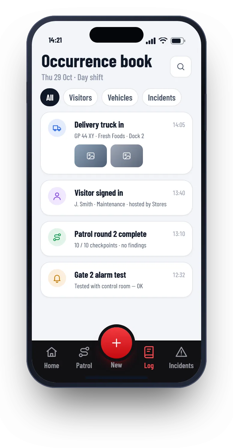 Patrolly digital occurrence book on a phone with entries for a delivery truck, a visitor, a patrol round and an alarm test