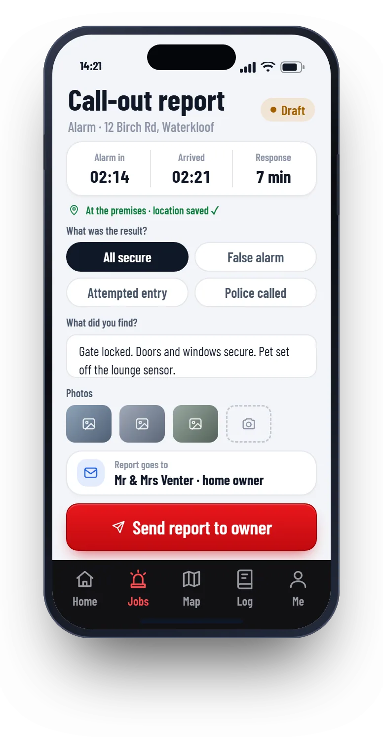 Patrolly responder phone showing the call-out report form with the alarm and arrival times, the result, notes, photos and a Send report to owner button