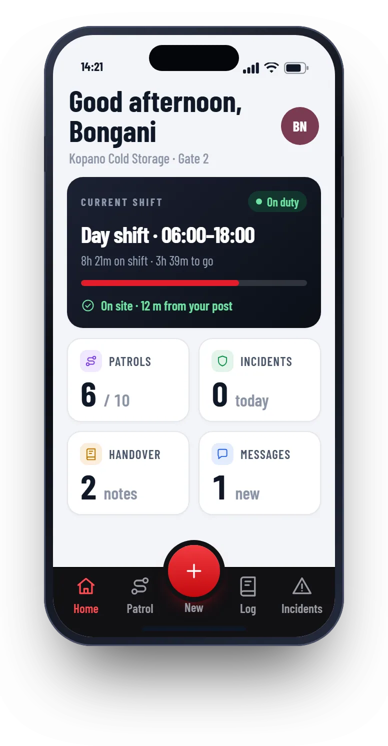 Patrolly guard app home screen with the current shift, patrols done and messages