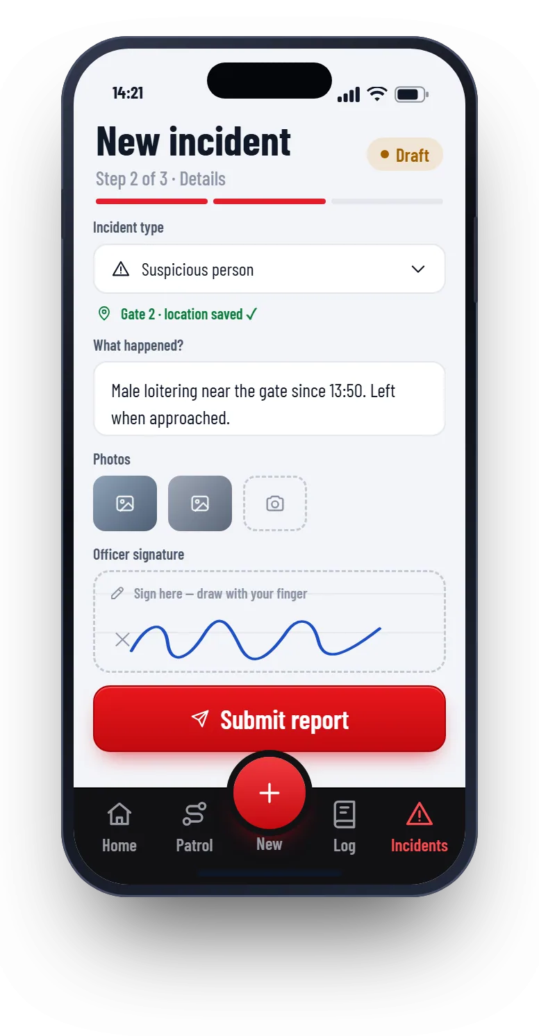 Patrolly guard app: incident report with photos and an on-screen signature