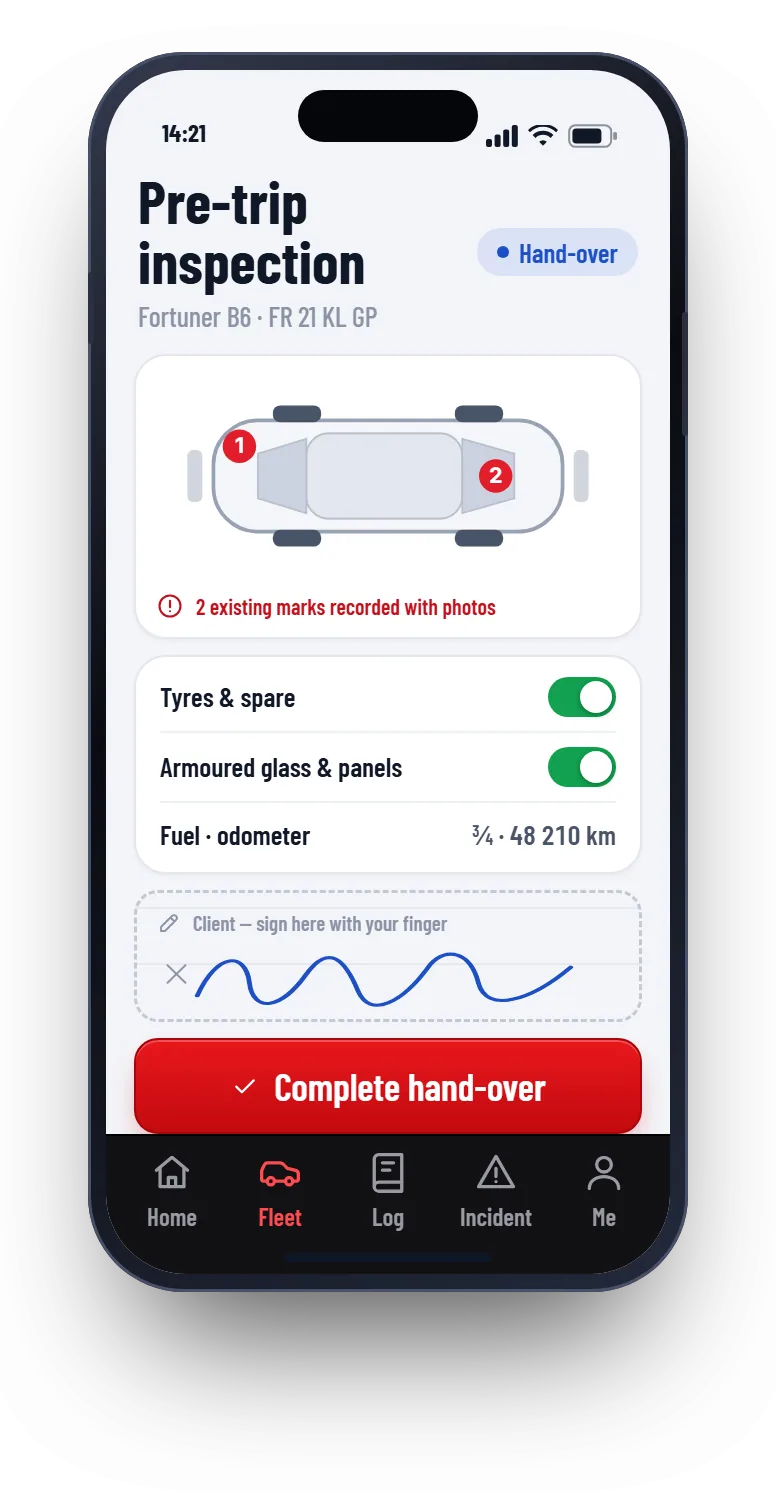 Patrolly vehicle inspection on a phone with a damage diagram, checks and a signature box