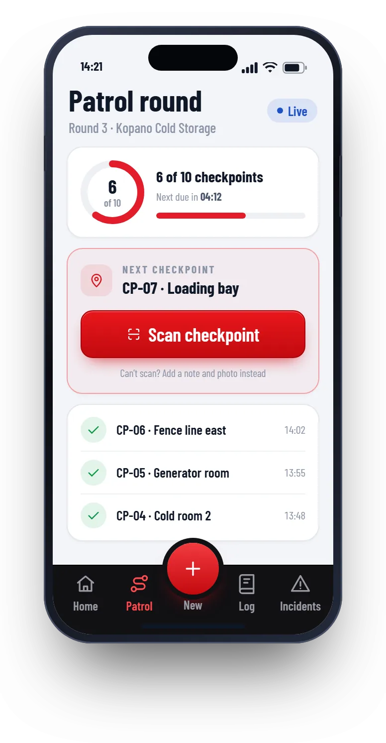 Patrolly guard app: patrol round with checkpoint progress and a scan button