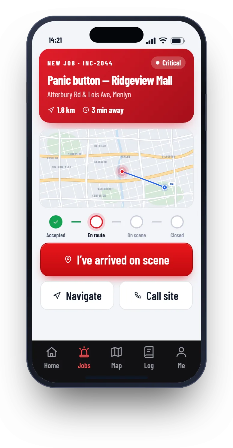 Patrolly responder app showing a new job, a map with the route and an I’ve arrived on scene button