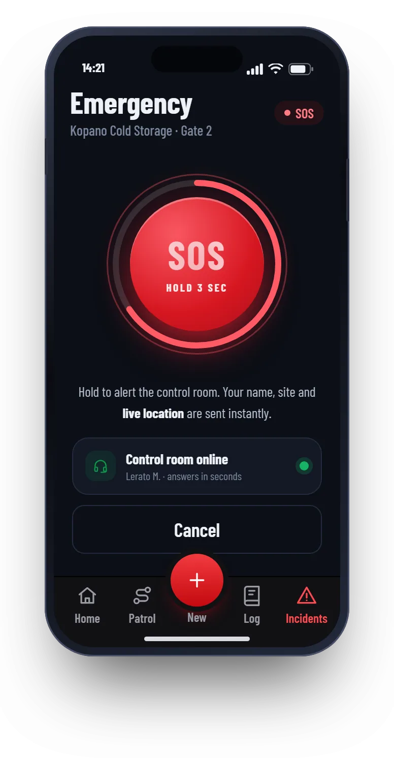 Patrolly emergency SOS screen in dark mode with a hold-to-send button