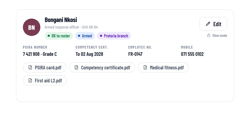 Patrolly guard profile in view mode with PSIRA number, competency date and stored documents