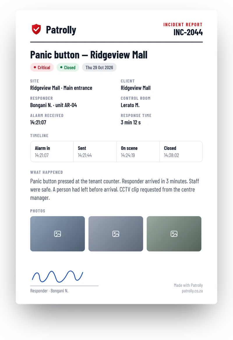 Example Patrolly report as a PDF page with details, timeline, photos and a signature